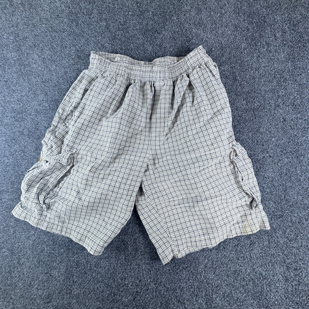 Vintage Sideout Cargo Shorts Mens 24x9 Gray Blue Plaid Cotton Elastic Waistband
